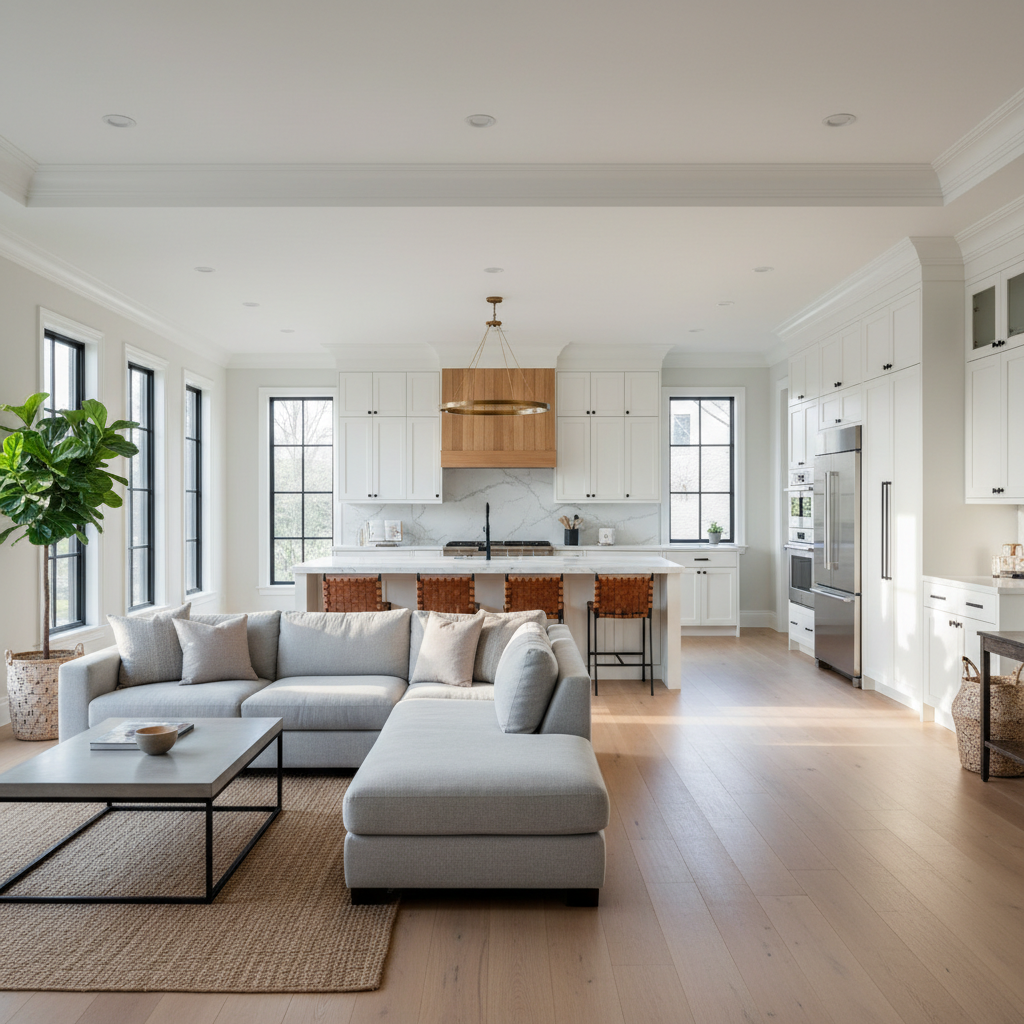 An elegant custom-built open-concept living room and kitchen, showcasing high-end construction details. Wide-plank oak floors run seamlessly through the space, leading to a large kitchen island with a waterfall quartz countertop and subtly veined surface. Custom white shaker cabinetry, inset doors, and matte black hardware line the back wall, framing a professional-grade stainless range beneath a custom wood hood. Large black-framed windows fill the room with soft afternoon natural light, casting gentle shadows across smooth drywall, detailed crown molding, and perfectly aligned recessed lights. Photographic realism at eye level with a wide lens, crisp detail from foreground to background. The mood is refined and welcoming, conveying precision, quality materials, and thoughtful layout typical of a premium custom home builder.