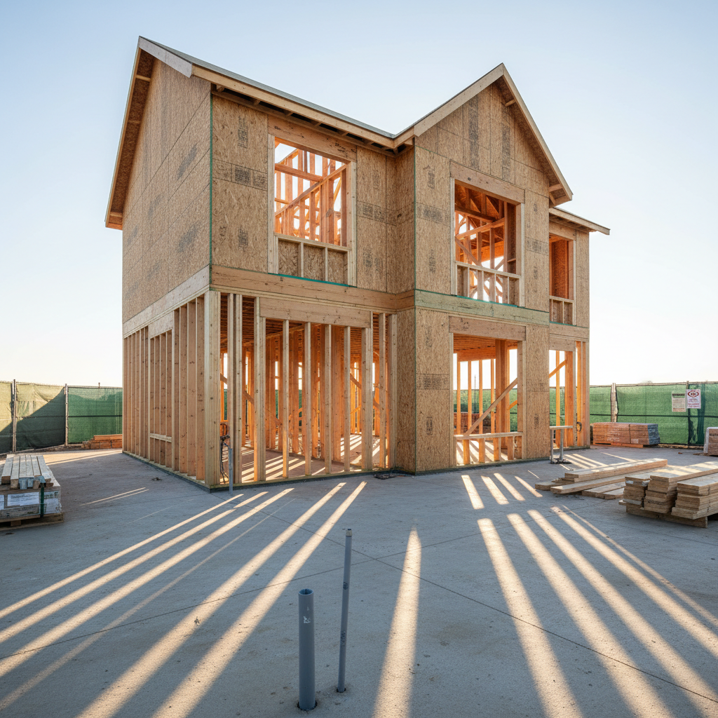 A meticulously organized custom home construction site in mid-build, focusing on the structural framing of a two-story house. Clean, straight kiln-dried lumber studs and engineered I-joists form crisp lines and geometric patterns, with neatly installed sheathing panels along the exterior walls. The slab foundation is smooth and free of debris, with precisely routed conduits emerging in planned locations. Morning sunlight streams through open framing, creating rhythmic bands of light and shadow across the plywood subfloor. Photographic realism from a slightly low, wide-angle perspective, emphasizing height and structural integrity. Background elements include stacked materials and a tidy, fenced perimeter, all arranged to convey professionalism, safety, and a well-managed, high-quality custom home build in progress.