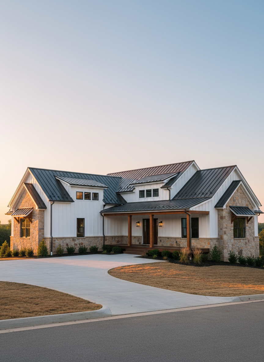 A newly completed custom home with clean modern farmhouse architecture, featuring white board-and-batten siding, natural stone accents, and a dark standing-seam metal roof. The house sits on a neatly graded lot with a fresh concrete driveway, simple foundation plantings, and a wide covered front porch with chunky timber posts. Captured at golden hour with warm natural light grazing across the facade, emphasizing texture in the siding and masonry. The sky has a soft blue gradient with a hint of sunset glow. Photographic realism from a slightly elevated street-level angle, sharp focus throughout, creating a professional, aspirational mood that communicates quality craftsmanship and long-term durability.