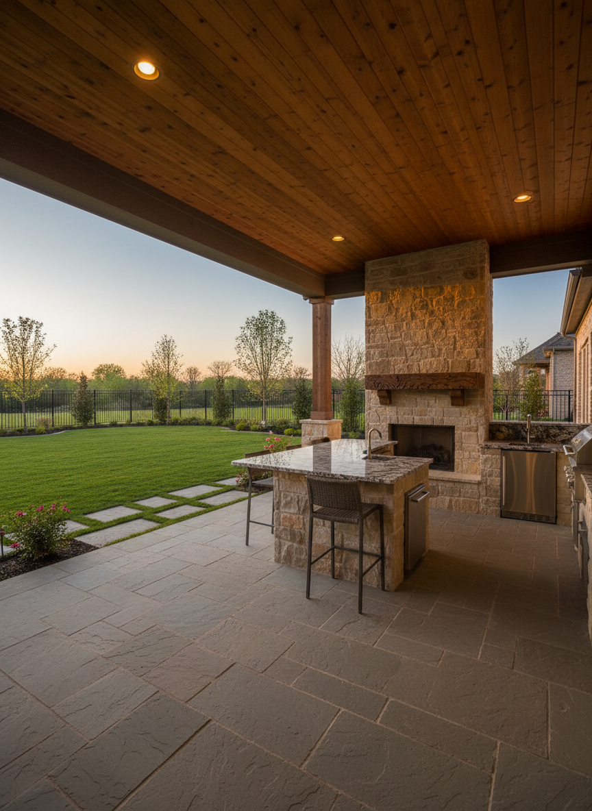 A panoramic view of a completed luxury custom home’s outdoor living area, featuring a covered patio with tongue-and-groove stained cedar ceiling, built-in stone fireplace, and an outdoor kitchen with stainless appliances and a substantial granite countertop. The patio opens to a freshly landscaped backyard with lush sod, young ornamental trees, and a simple black metal perimeter fence. Soft evening light from a low sun warms the natural stone and wood, while discreet recessed ceiling lights glow under the cover. Photographic realism, captured from the yard looking back toward the house at eye level, wide-angle composition with sharp detail across the scene. The mood is relaxed and upscale, showcasing how thoughtful construction extends quality living space beyond the home’s interior.