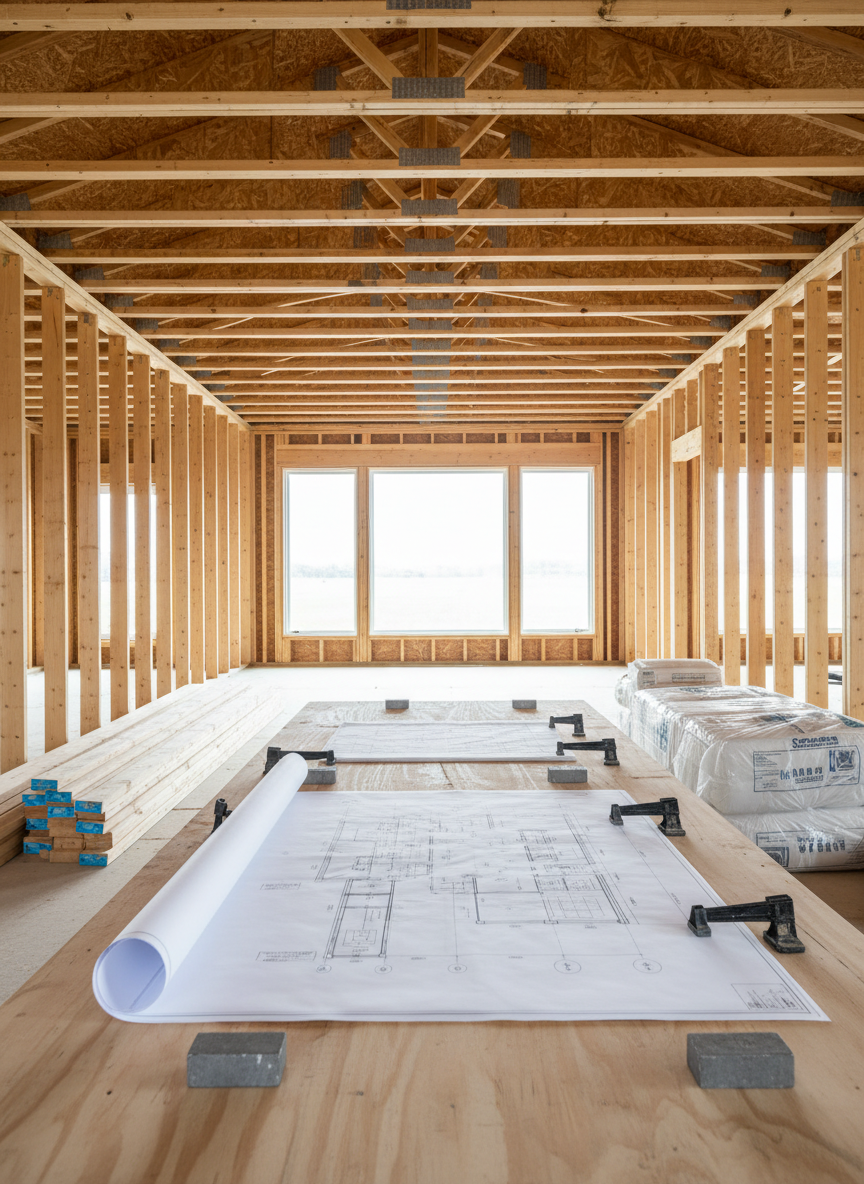 A clean, professional construction planning scene inside a custom home’s unfinished great room, focusing on architectural blueprints spread neatly across a temporary plywood work surface. The open framed walls and ceiling create a lattice of straight, evenly spaced studs and joists in the background, with newly installed windows revealing a bright, overcast sky that fills the space with soft, even light. Nearby, neatly stacked lumber and labeled material bundles underline organization and quality control. Photographic realism from a slightly elevated angle, with the blueprints in crisp focus and the framing gradually softening in the distance. The mood is methodical and confident, conveying the careful planning and coordination behind building a quality custom home, without showing any people or text-based branding.