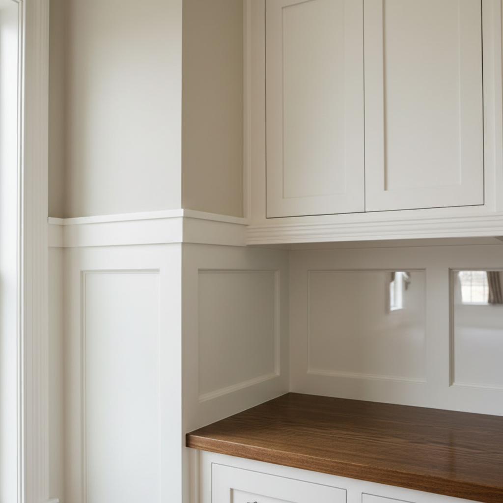 A detailed close-up of premium construction craftsmanship inside a nearly finished custom home, focusing on a corner where built-in cabinetry meets a coffered ceiling and wainscoting. The smooth, perfectly caulked joints between painted wood trim and wall surfaces show flawless alignment, with crisp 45-degree miter cuts and consistent reveal lines. Soft, diffused window light from the side highlights the subtle sheen of satin paint and the fine grain of a stained oak countertop below. Photographic realism with a shallow depth of field, the main corner in sharp focus and the rest of the room gently blurred. The atmosphere is calm and precise, emphasizing attention to detail, quality materials, and the professional standards of a high-end custom home builder.