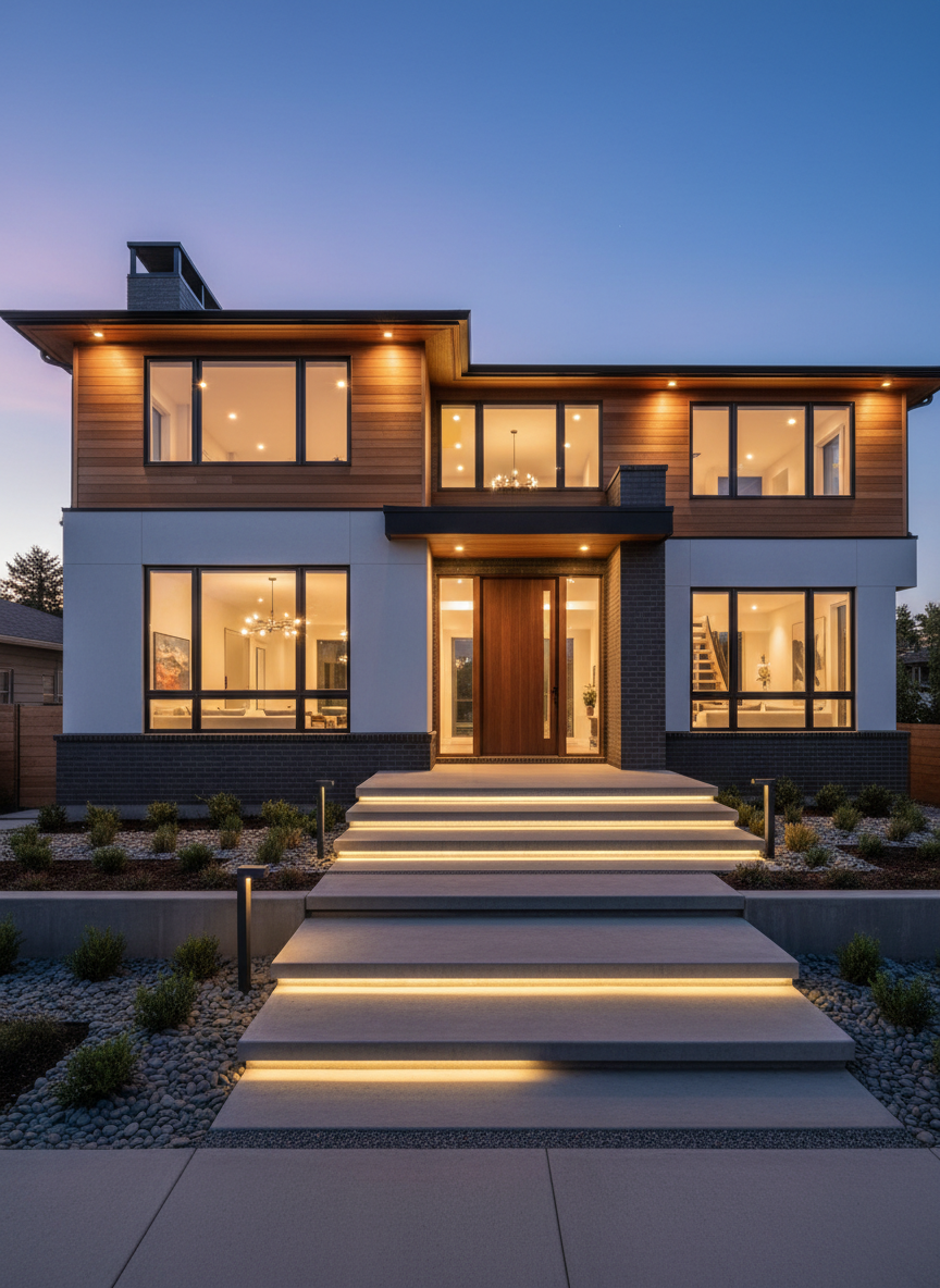 A striking twilight exterior of a custom-built two-story home with mixed-material architecture, combining horizontal cedar siding, smooth white stucco, and dark brick accents. Large, energy-efficient windows glow warmly from within, suggesting a finished, livable space. The front entry features wide, floating concrete steps, integrated LED step lights, and a heavy pivot-style front door with vertical glass insert. The surrounding landscape includes clean-edged beds with low plantings, river rock, and modern path lighting. Photographic realism with a slightly low, wide-angle composition that emphasizes the home’s strong lines and proportions. The sky transitions from deep blue to soft purple, and the overall mood is polished and contemporary, highlighting the builder’s capability to execute complex, high-end custom designs.