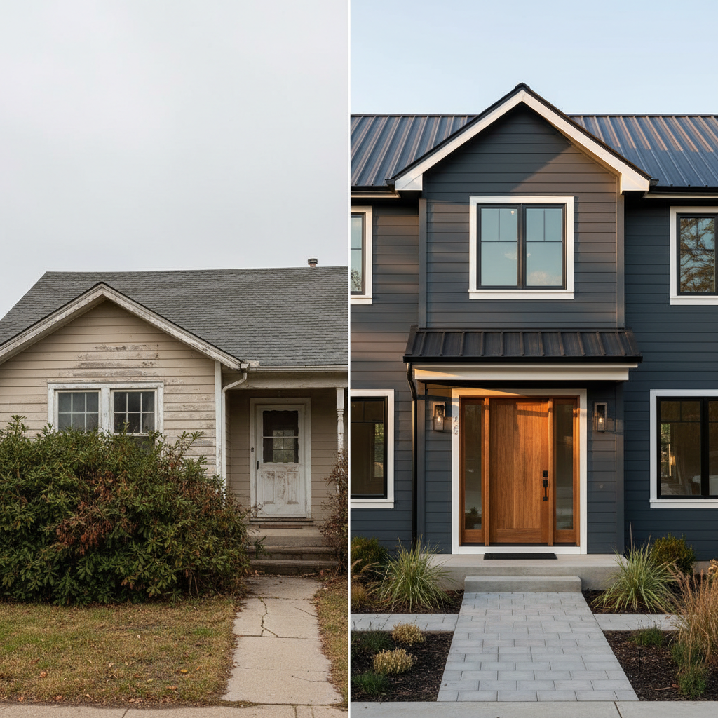 A side-by-side before-and-after exterior transformation of a custom home project. On the left, an older, tired single-story house with faded siding, cracked walkway, and overgrown shrubs under flat overcast light. On the right, the completed custom home: expanded second story, fresh fiber-cement siding in a deep charcoal hue, new energy-efficient windows with crisp white trim, and a broad stained-wood front door. Late afternoon sunlight adds warmth and dimensional shadowing, highlighting the upgraded roofline and precise trim work. Photographic realism with a centered, symmetrical composition, a subtle vertical divider between old and new, sharp focus on architectural details. The contrast conveys the quality, planning, and craftsmanship of a professional custom home construction process.